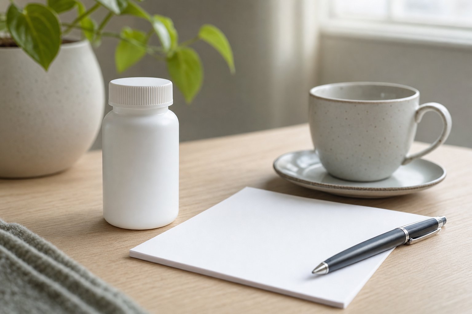 An unmarked medication bottle, blank note paper, and pen prepared for a care conversation