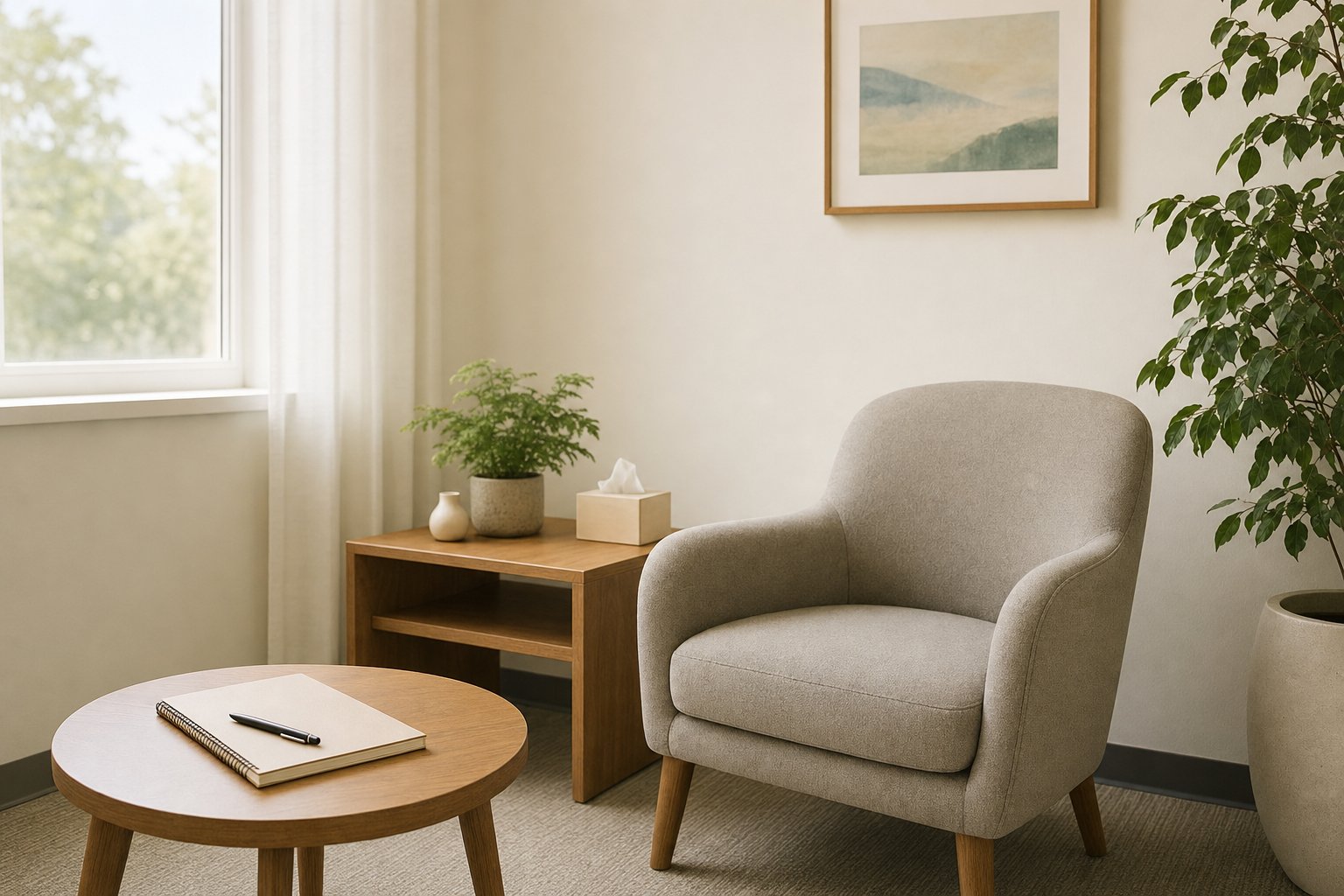 An empty chair, notebook, and plant in a quiet outpatient office corner