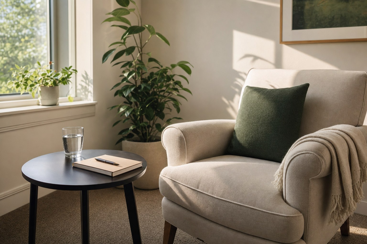 A quiet outpatient office with an armchair, notebook, and glass of water