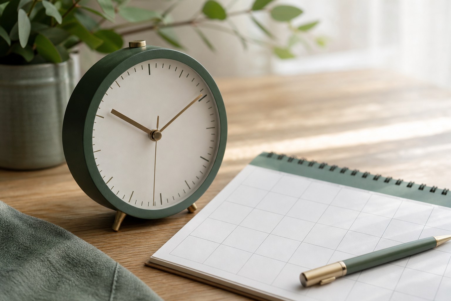 An analog clock, blank calendar, and pen on a wooden table