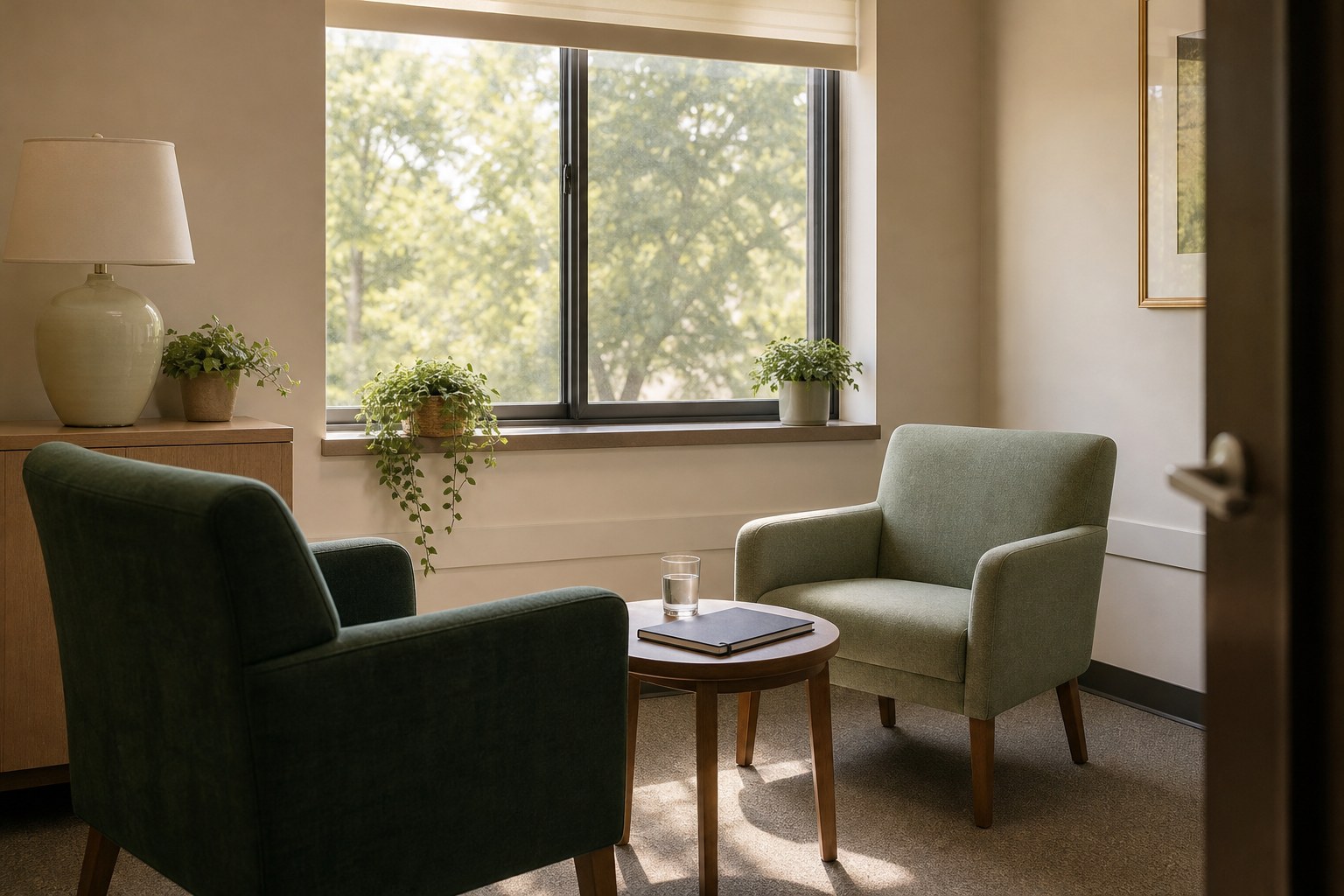 Two empty armchairs and a notebook in a quiet outpatient consultation room
