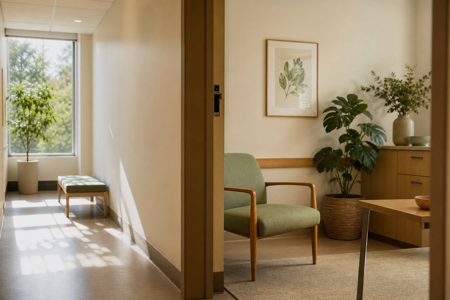 A sunlit outpatient office corridor with a chair and leafy plant