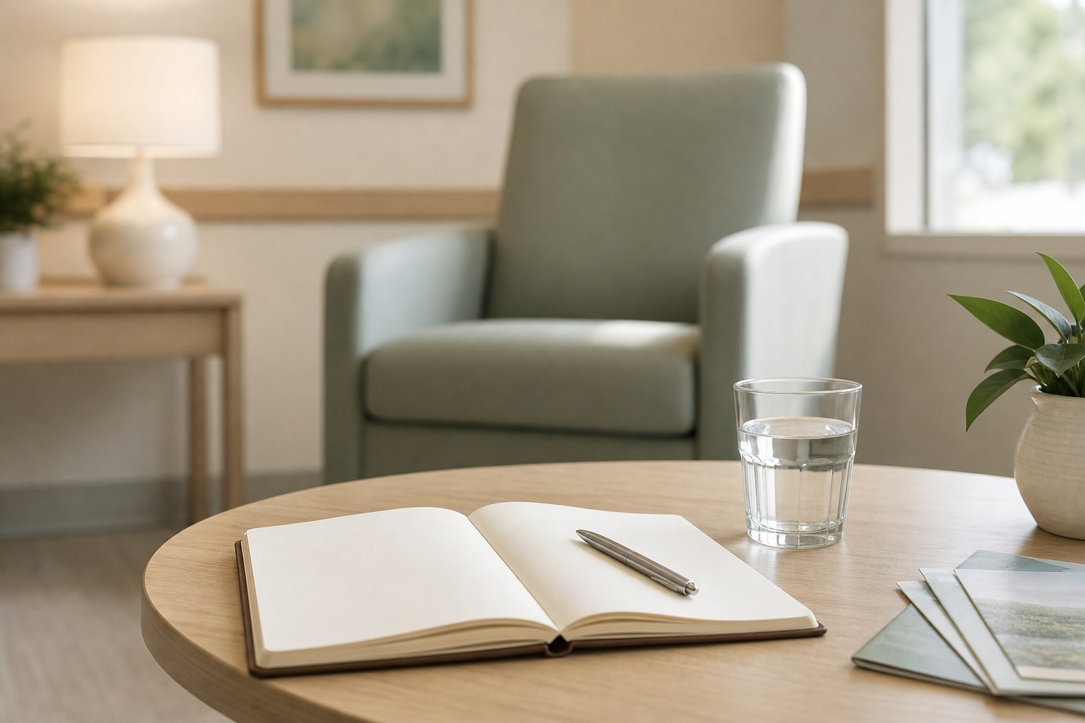 A blank notebook and pen in a softly lit waiting room