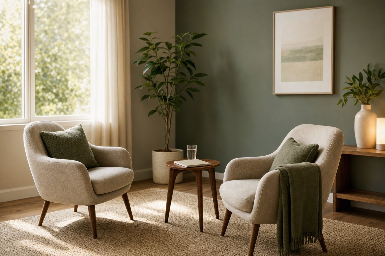 Two empty armchairs and a notebook in a calm outpatient conversation space