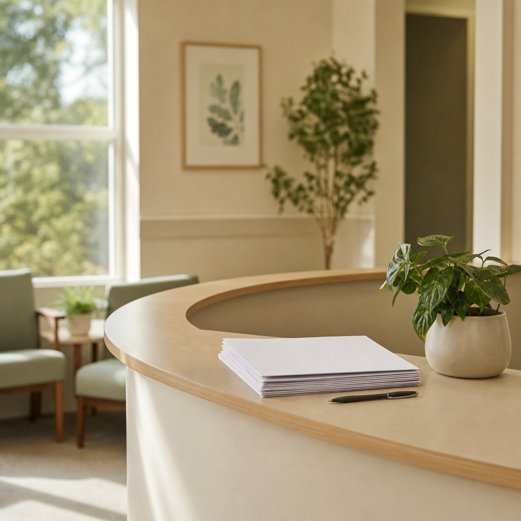 A calm outpatient reception area with blank forms and a pen on the desk