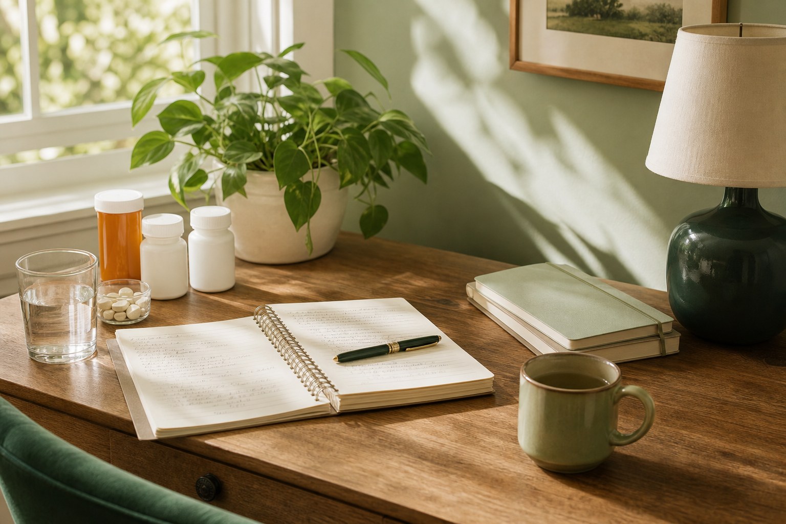 Notebook, medications, and a glass of water prepared on a desk before an appointment