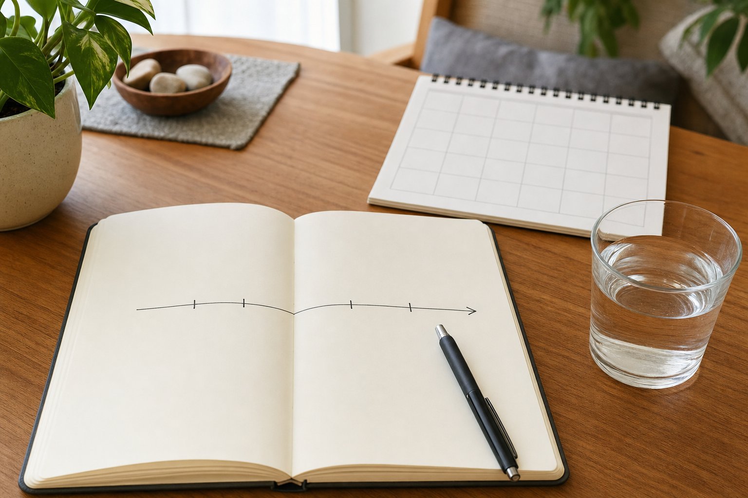 A blank notebook with a simple timeline, pen, calendar, and glass of water