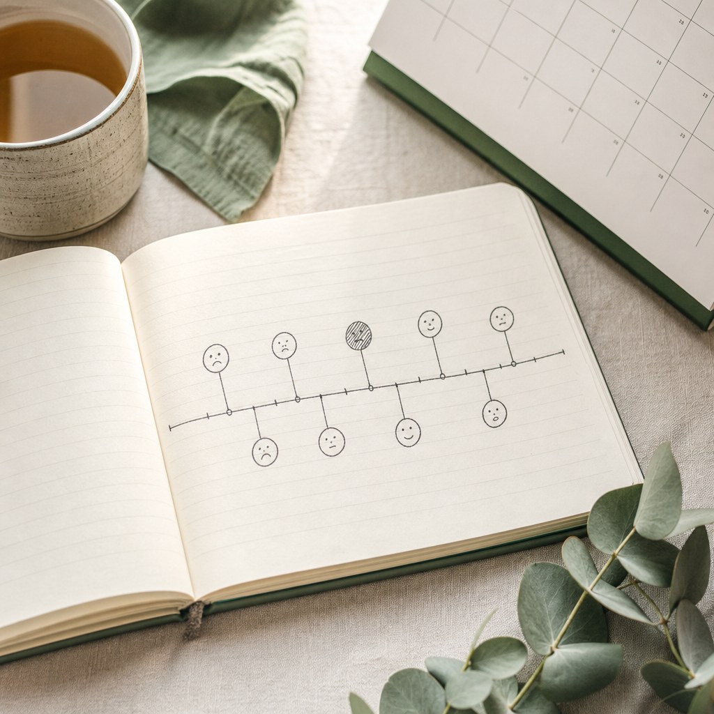 A simple symptom timeline sketched in an open notebook beside a calendar