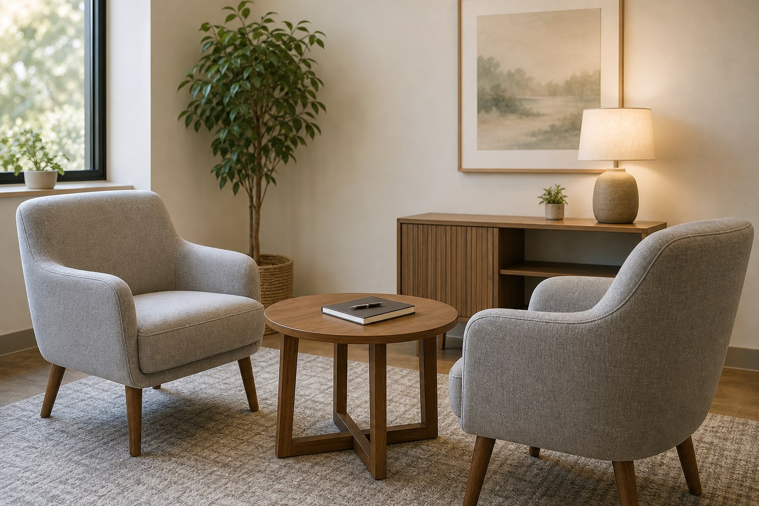 Two empty chairs and a notebook in a calm outpatient consultation room