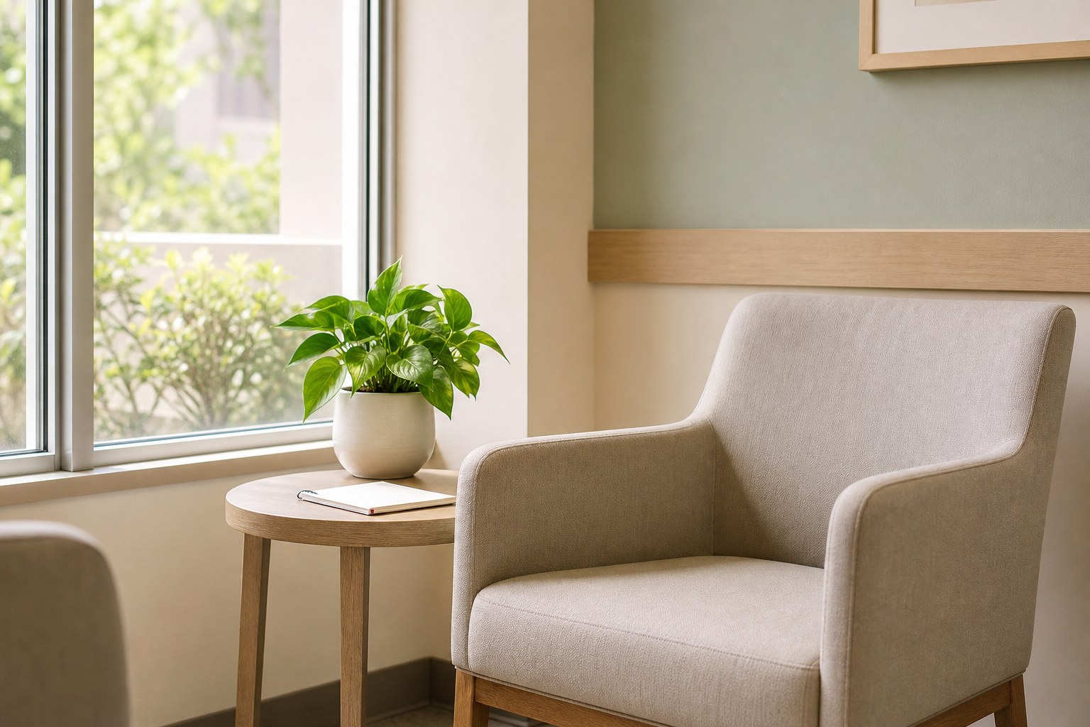A quiet waiting-area corner with an armchair, notepad, and green plant