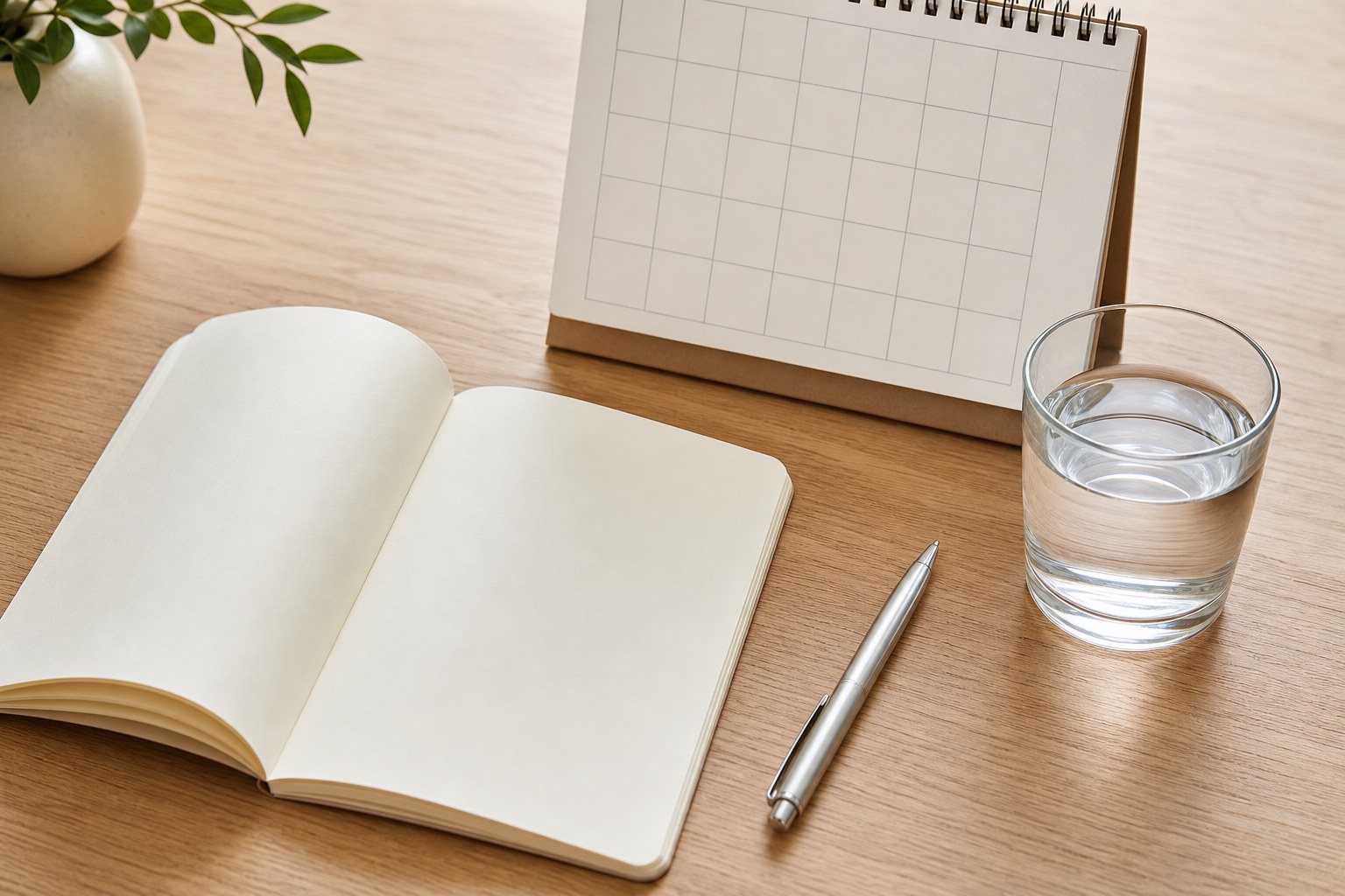 Open notebook, calendar, pen, and glass of water on a wooden table