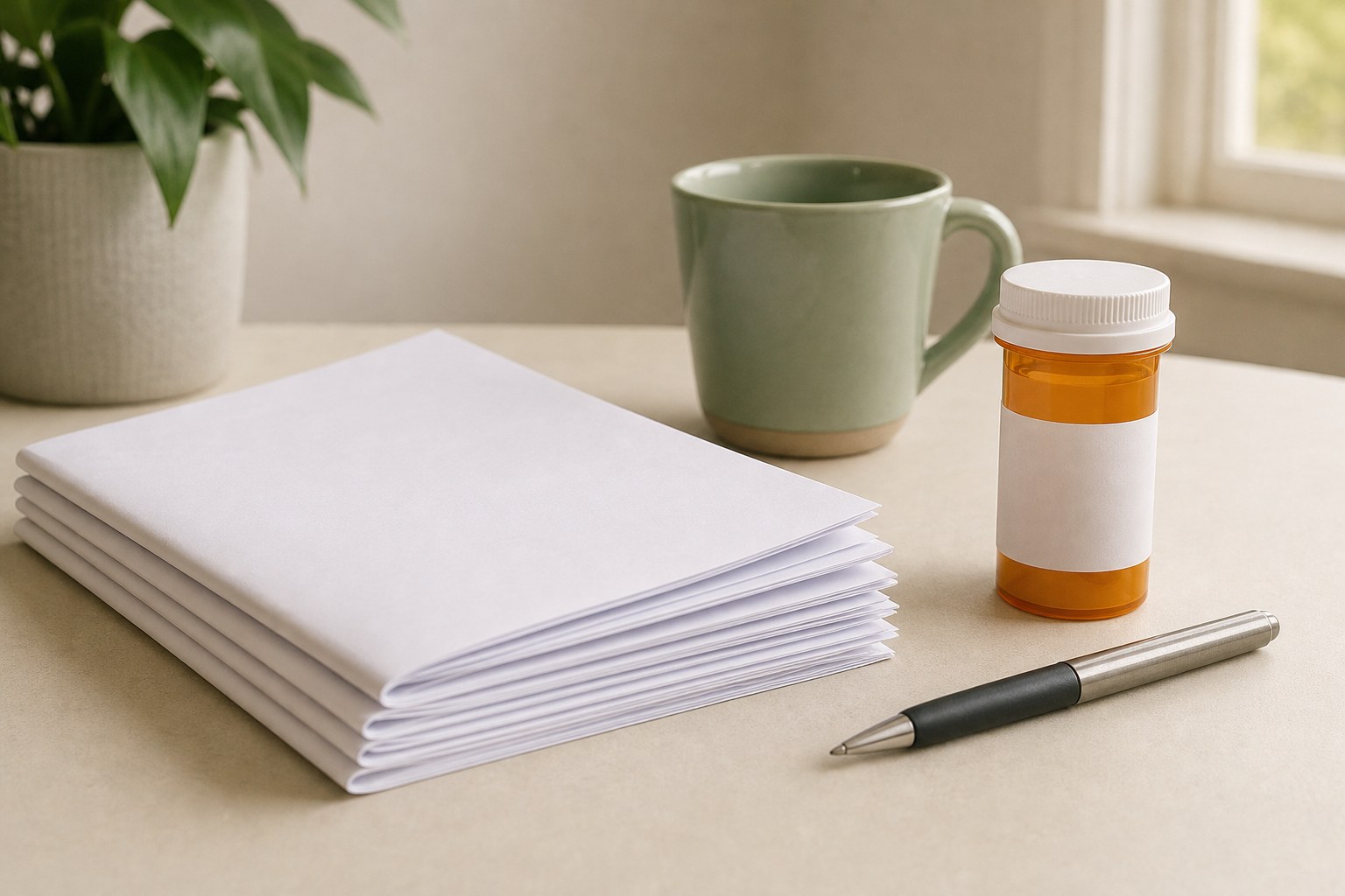 Plain documents, an unmarked medication bottle, and a pen prepared for an appointment
