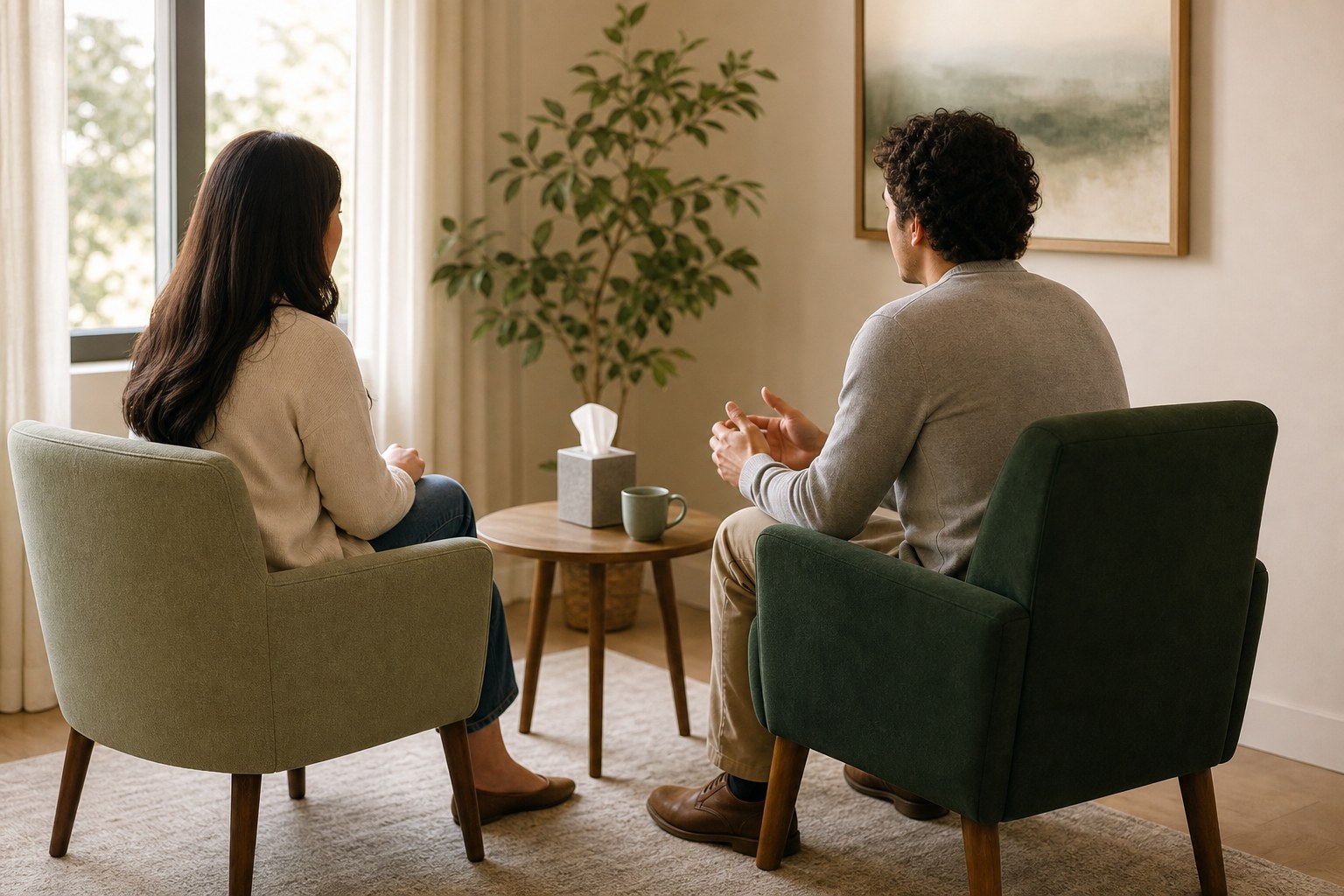 Two adults having a calm conversation in a private outpatient office