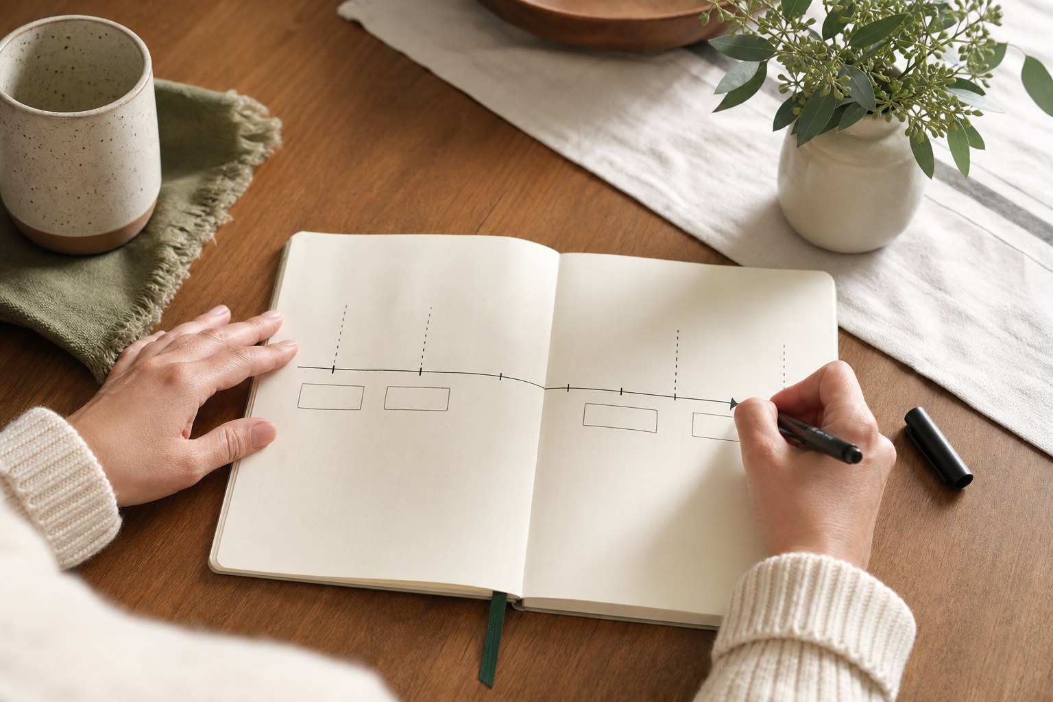 A person writing a simple symptom timeline in a notebook