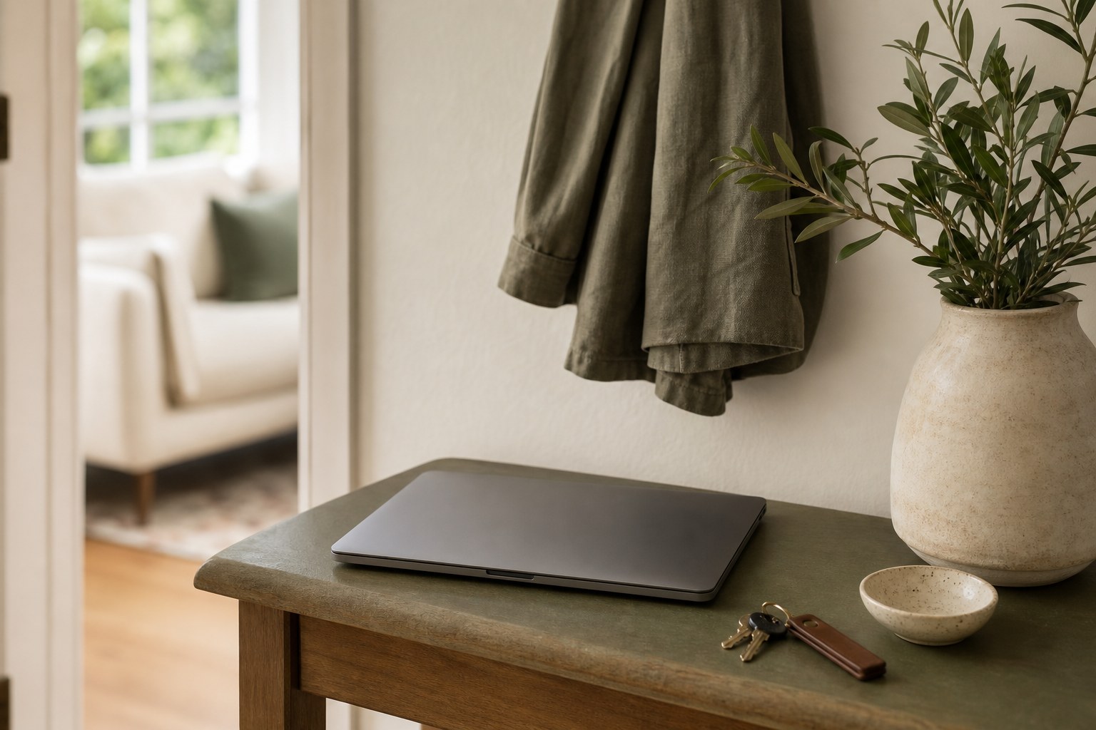Closed laptop on a quiet entryway table after the workday