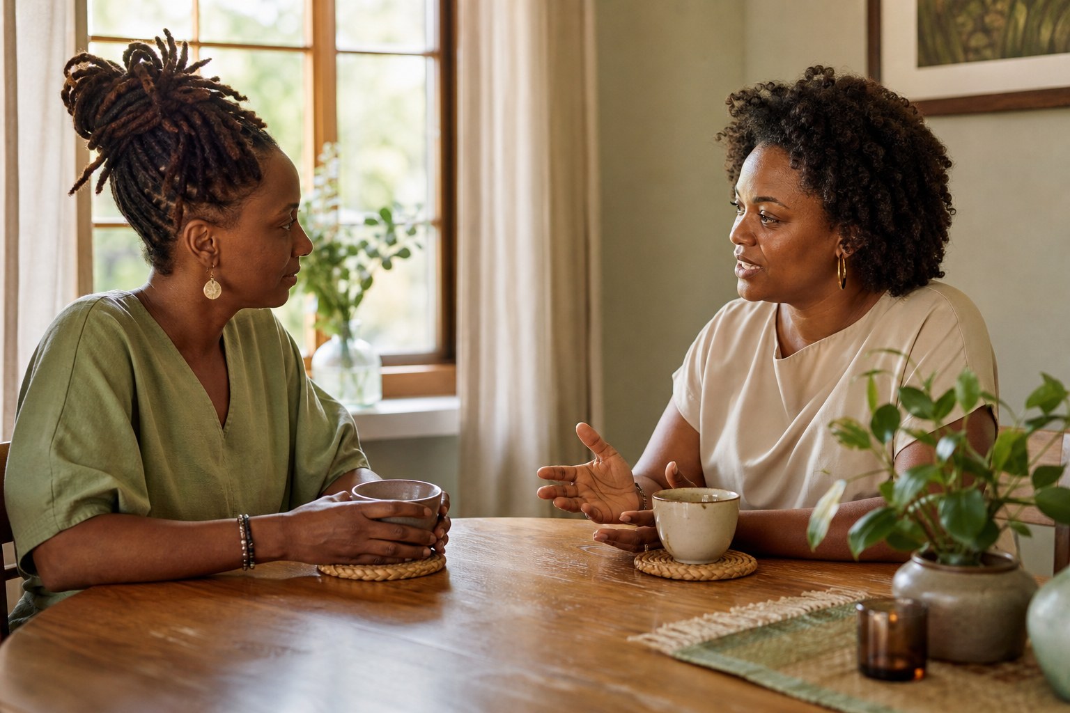Two women sharing a thoughtful conversation over tea