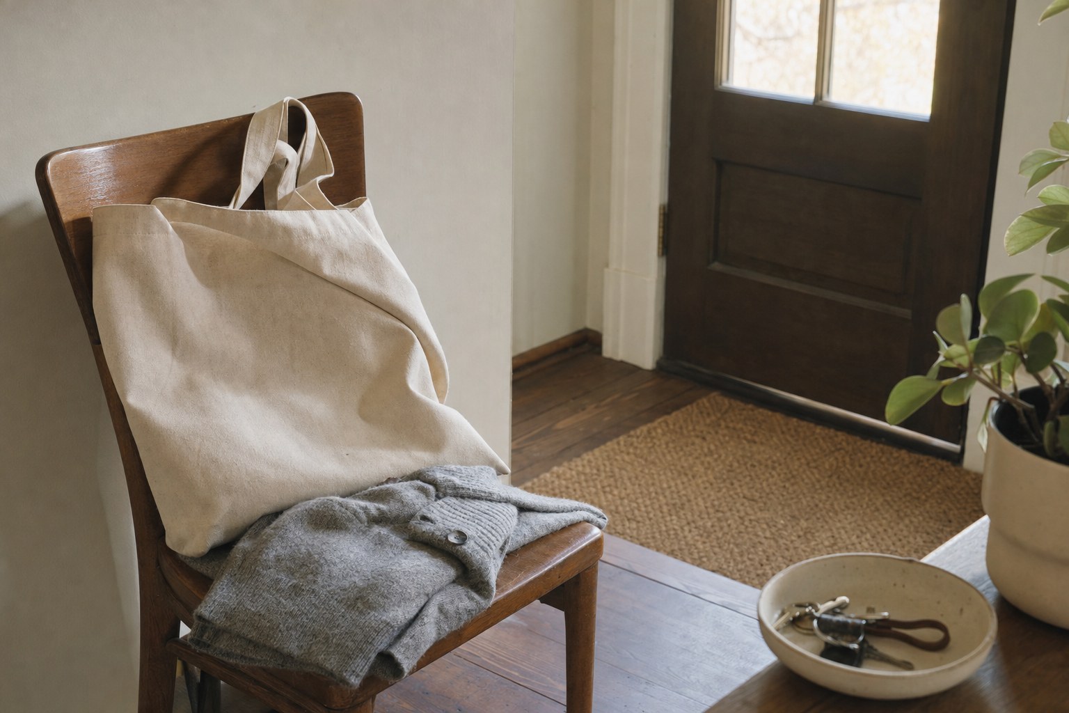A tote and folded cardigan resting on a chair near a front door