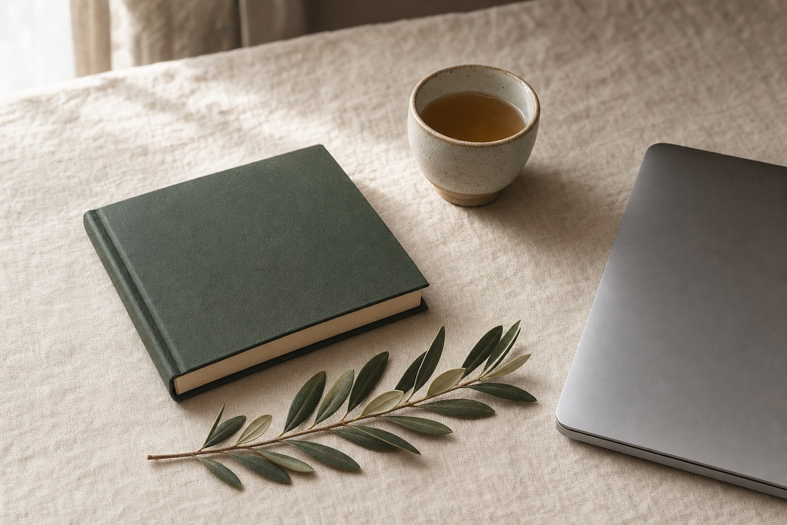 A closed green notebook, a tea cup and an unplugged laptop on warm linen