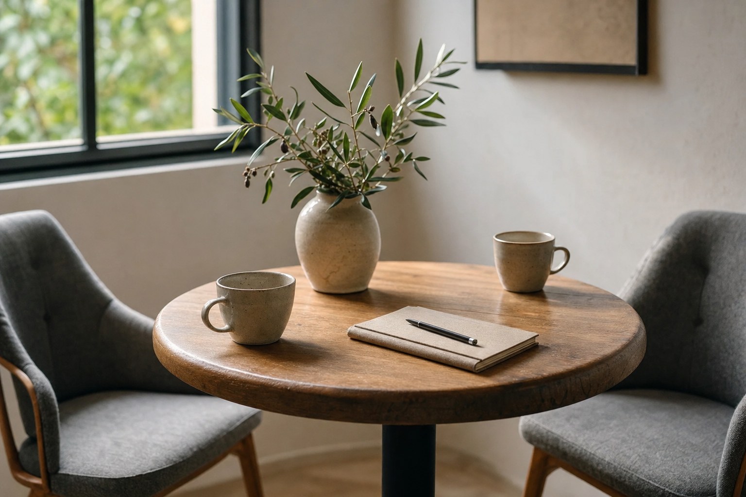 Two cups and a notebook on a round table prepared for a conversation