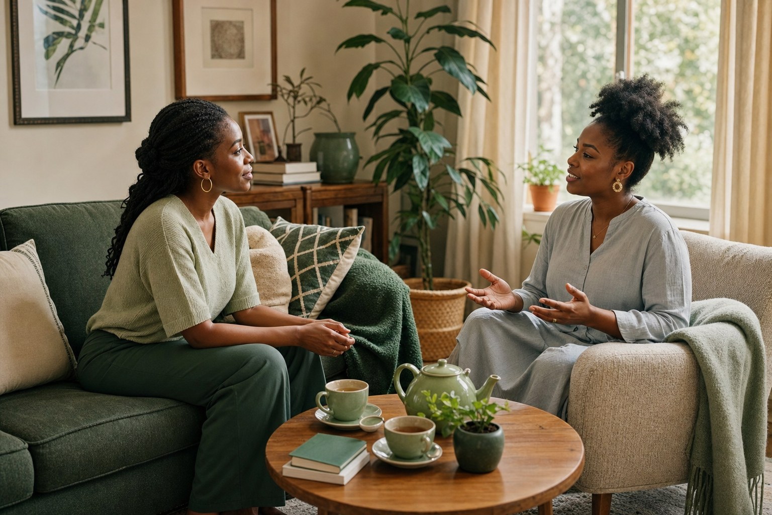 Two women having a caring conversation over tea in a living room