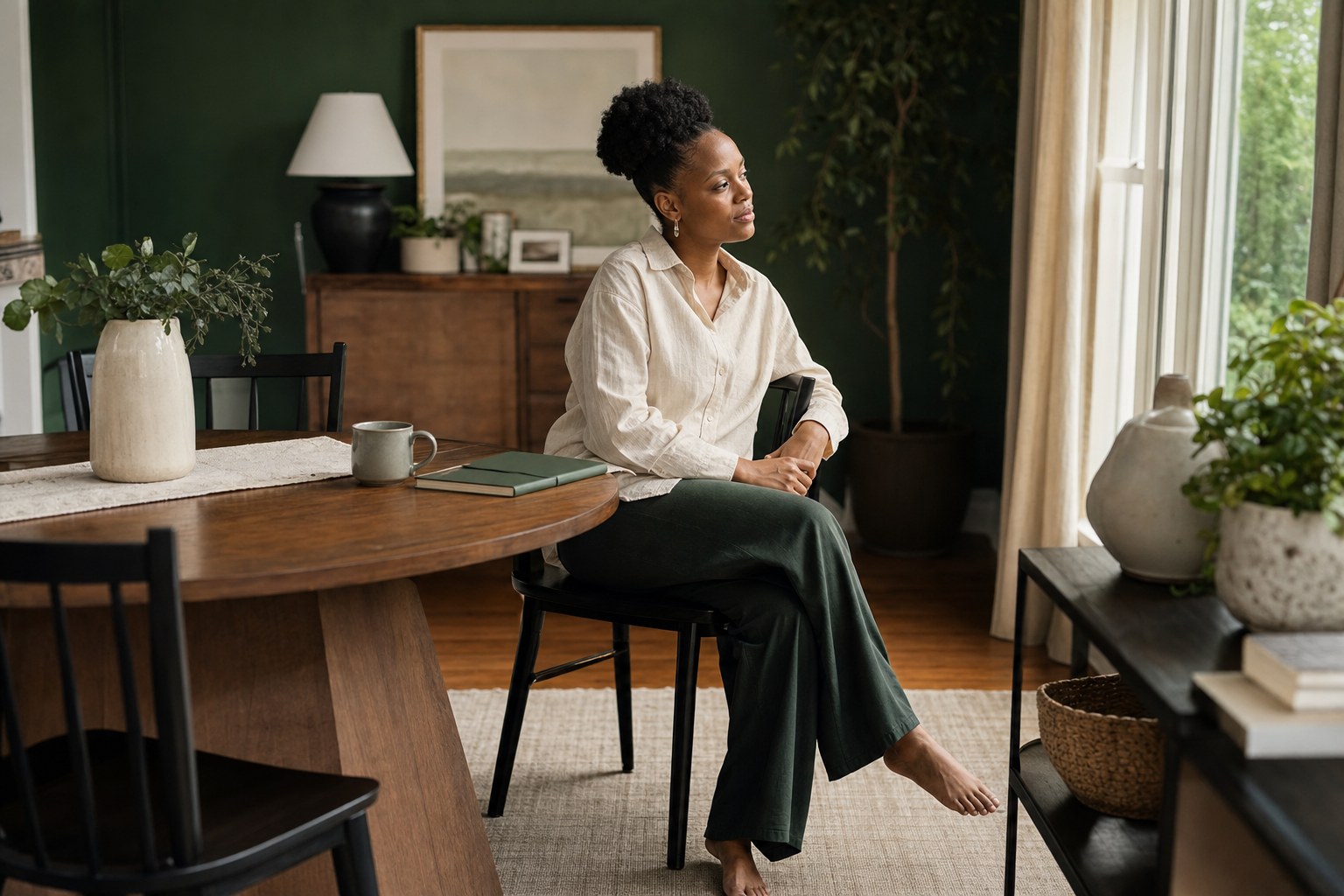 Woman sitting thoughtfully at a dining table with tea and a notebook