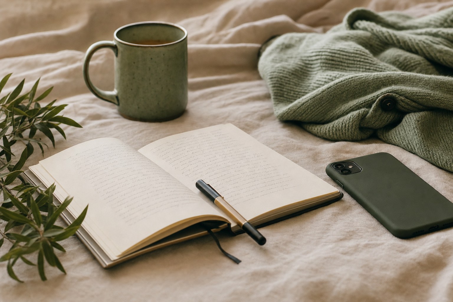 Phone turned face down beside a journal and tea on linen