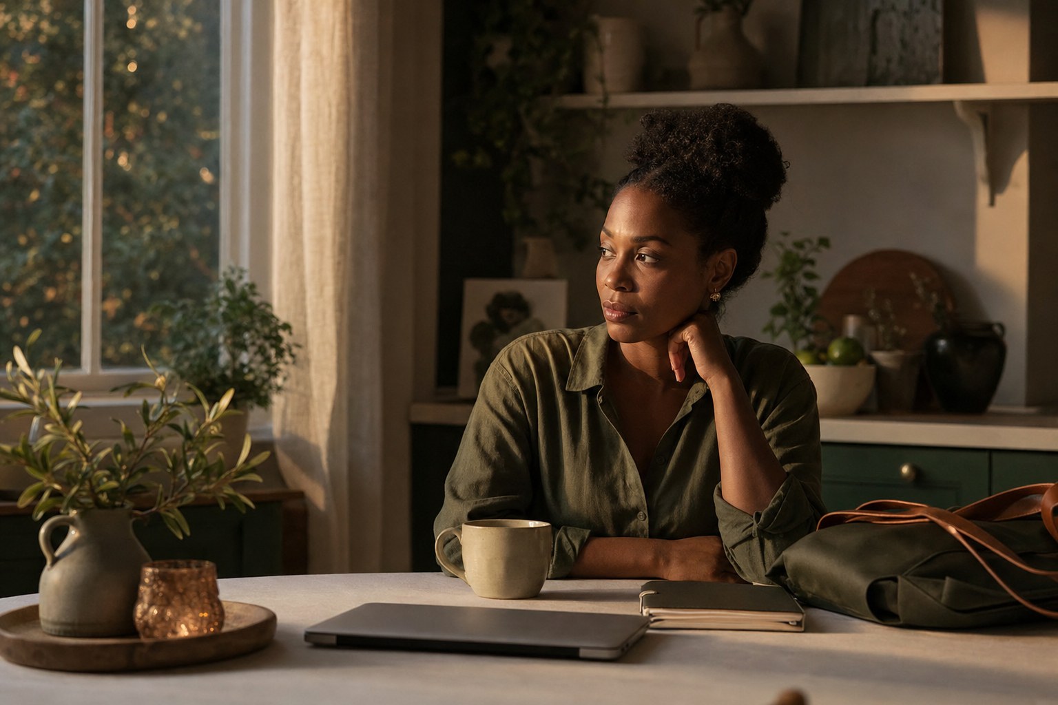 A woman sitting quietly at a kitchen table with a closed laptop after work