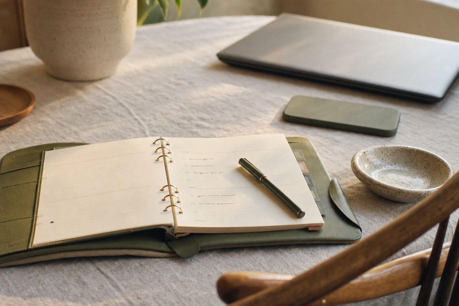 A simple open planner, a face-down phone and a closed laptop on a linen table