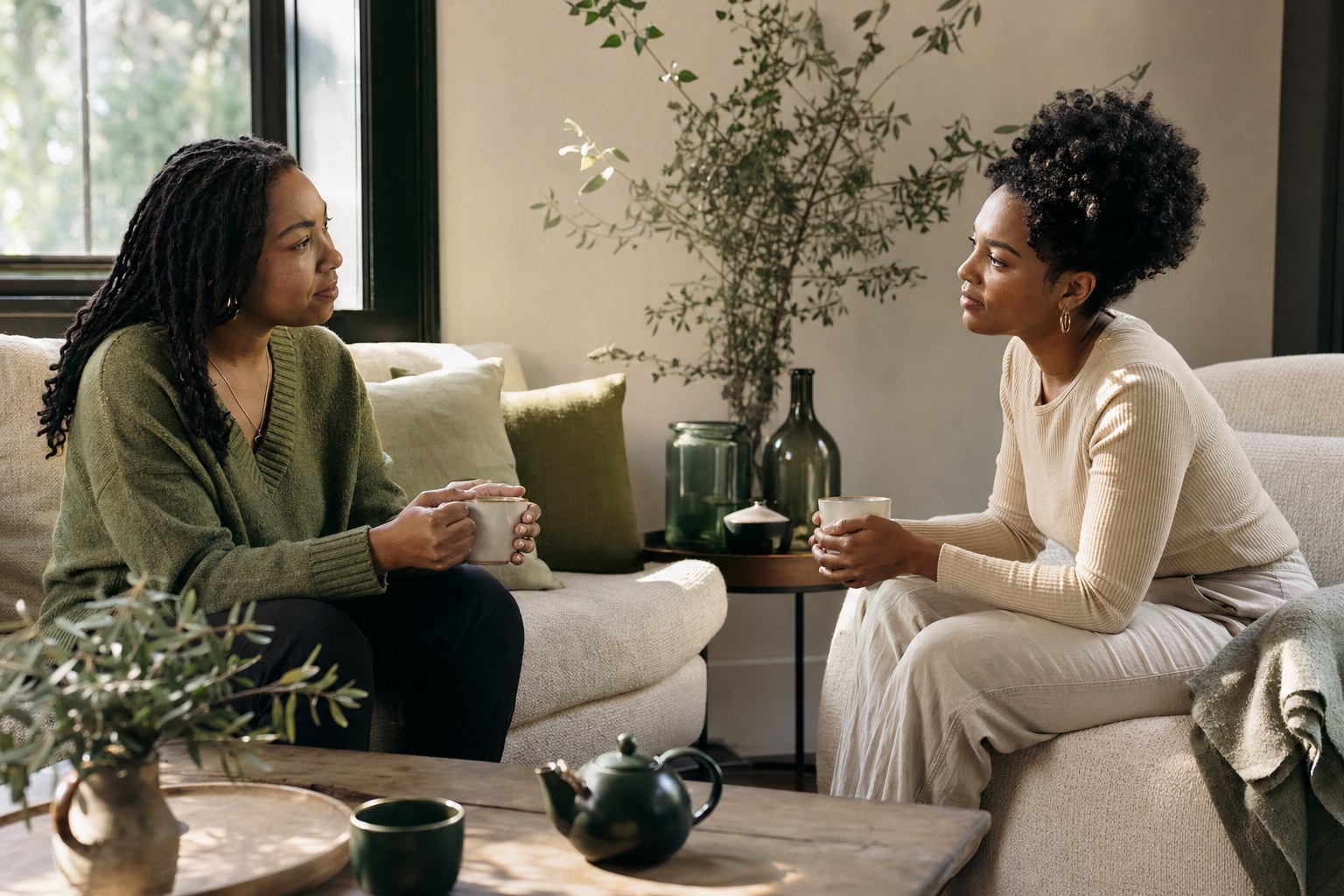 Two women sharing a calm conversation over tea in a sunlit living room