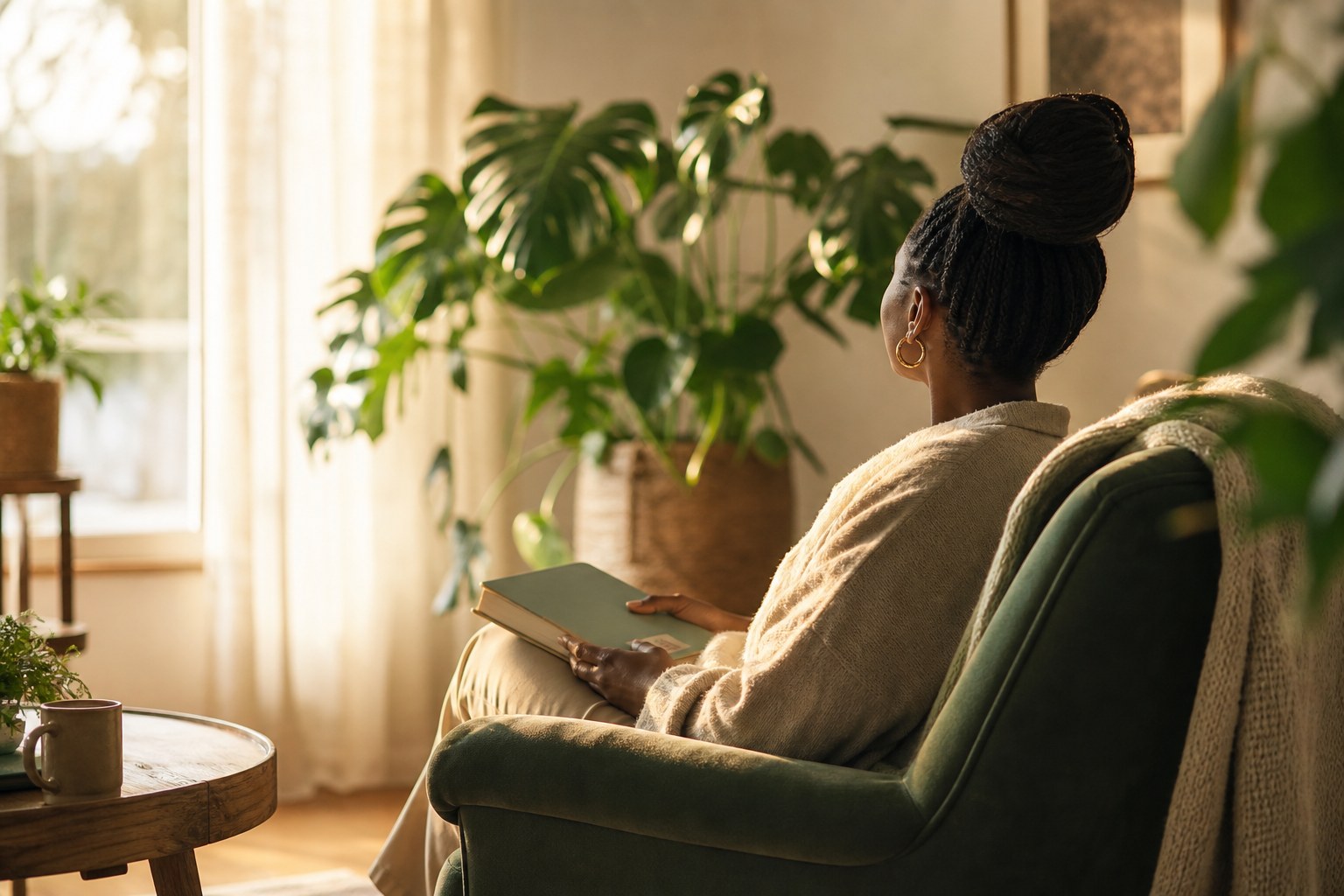 Woman resting in an armchair with a book in a sunlit room
