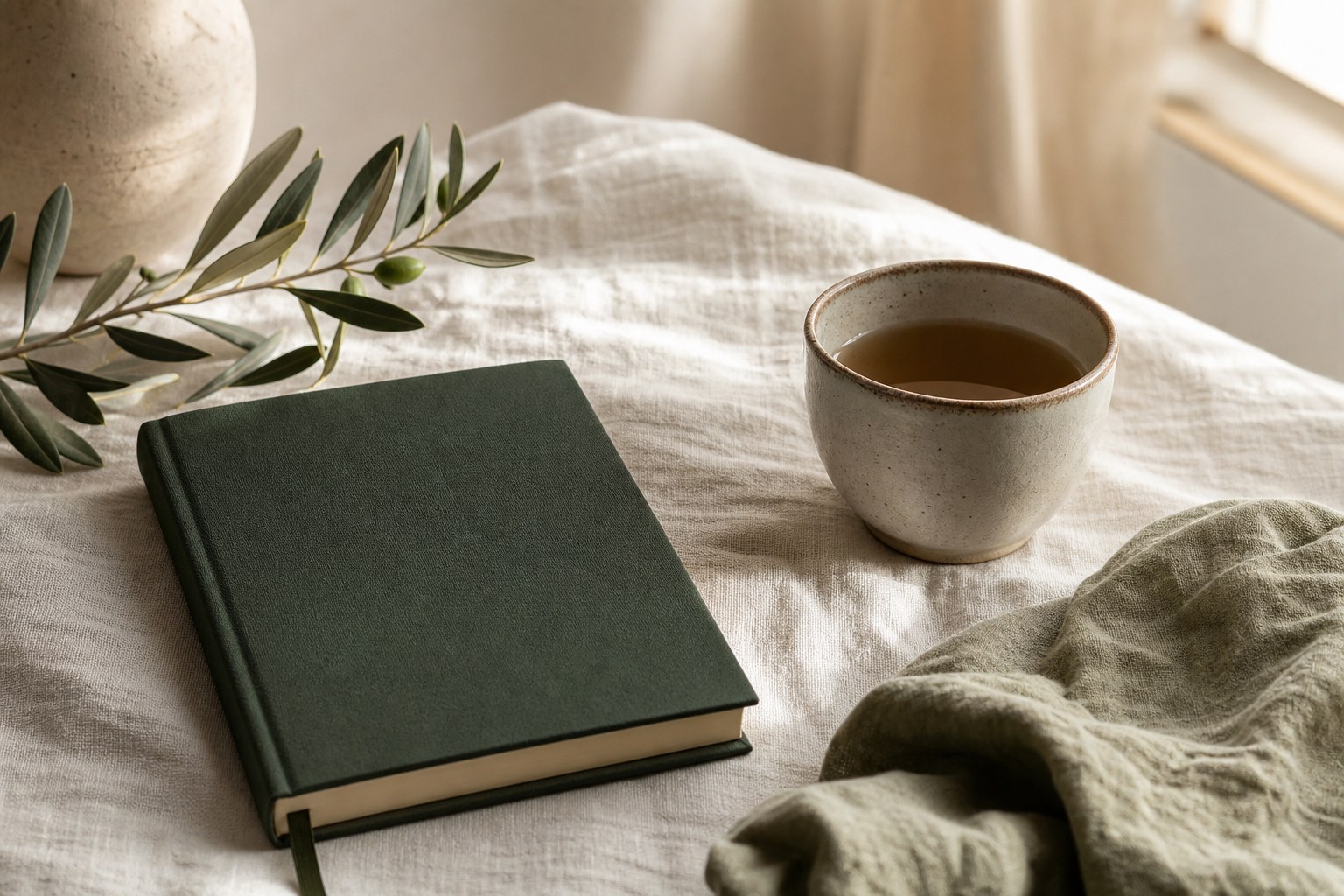 A green journal, tea, and olive branch in warm morning light