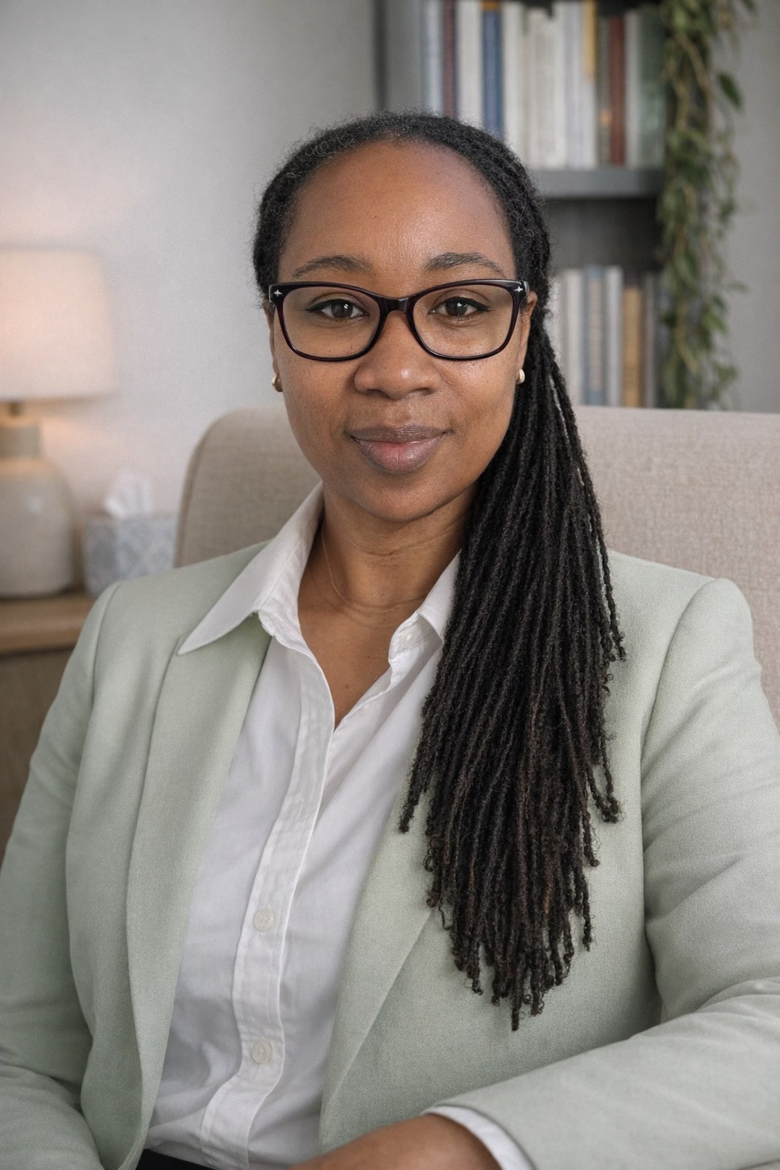 Shalonda Ibrahim-Abubakar, LCSW, seated in her office
