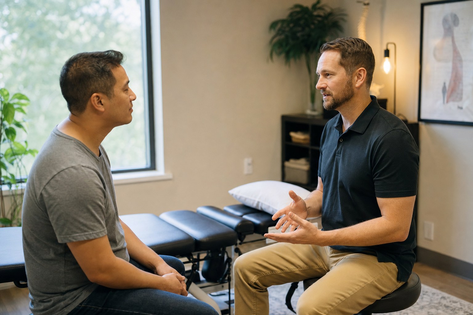 A chiropractor and patient having a calm conversation in a treatment room