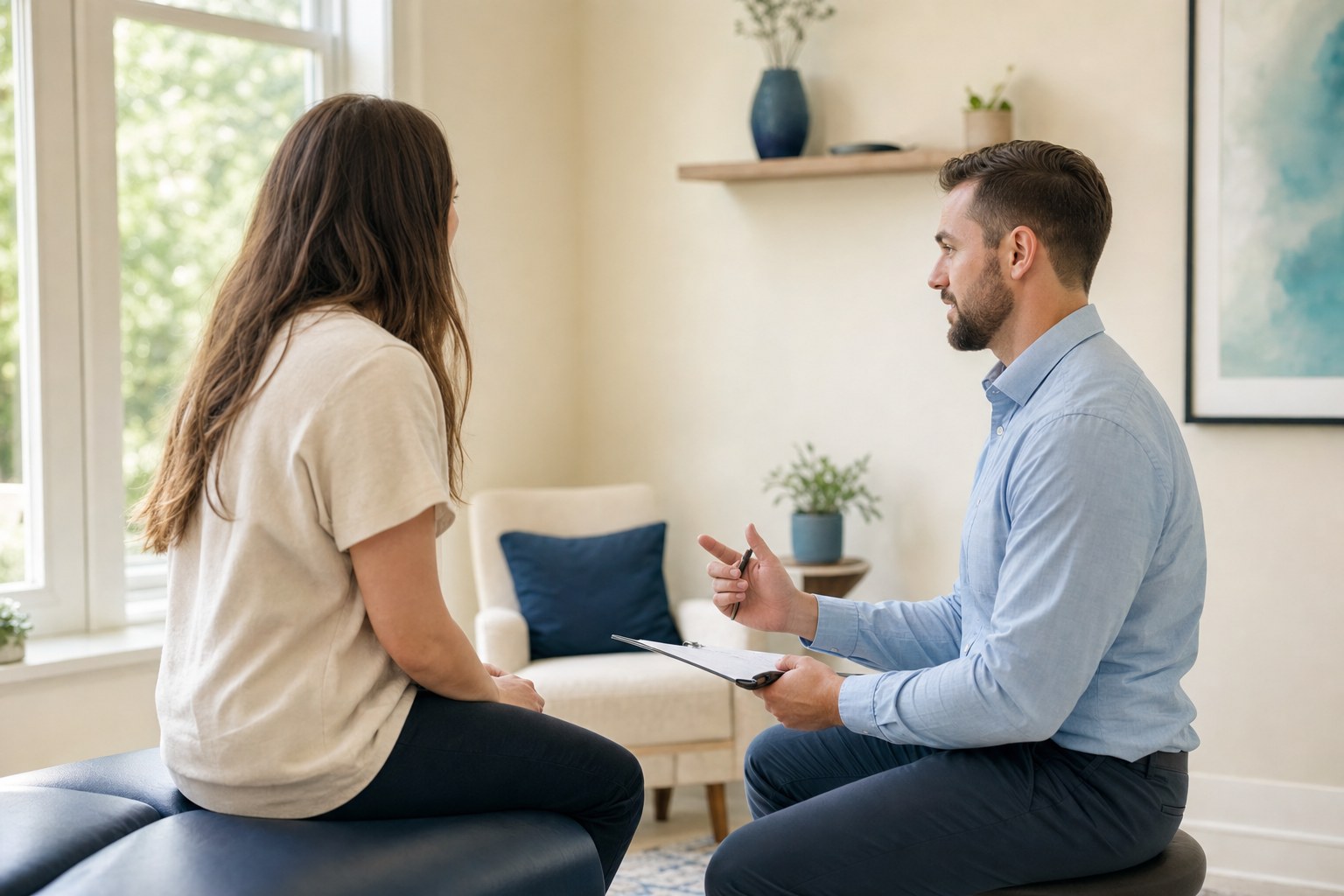 A patient and chiropractor having a calm conversation before care