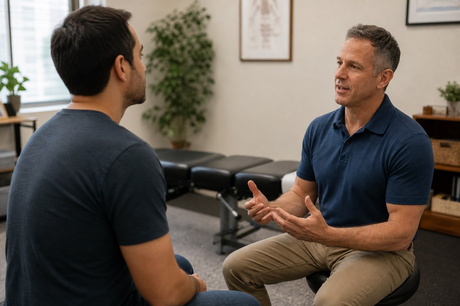 A chiropractor listening to a patient in a calm treatment room
