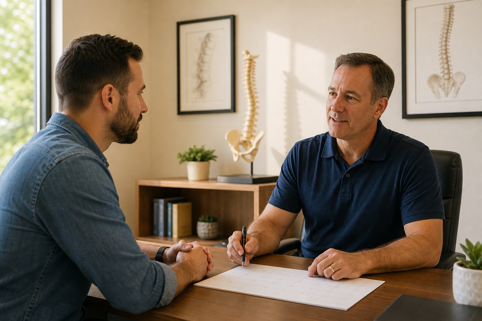 A chiropractor and patient discussing a personal visit plan in a calm office