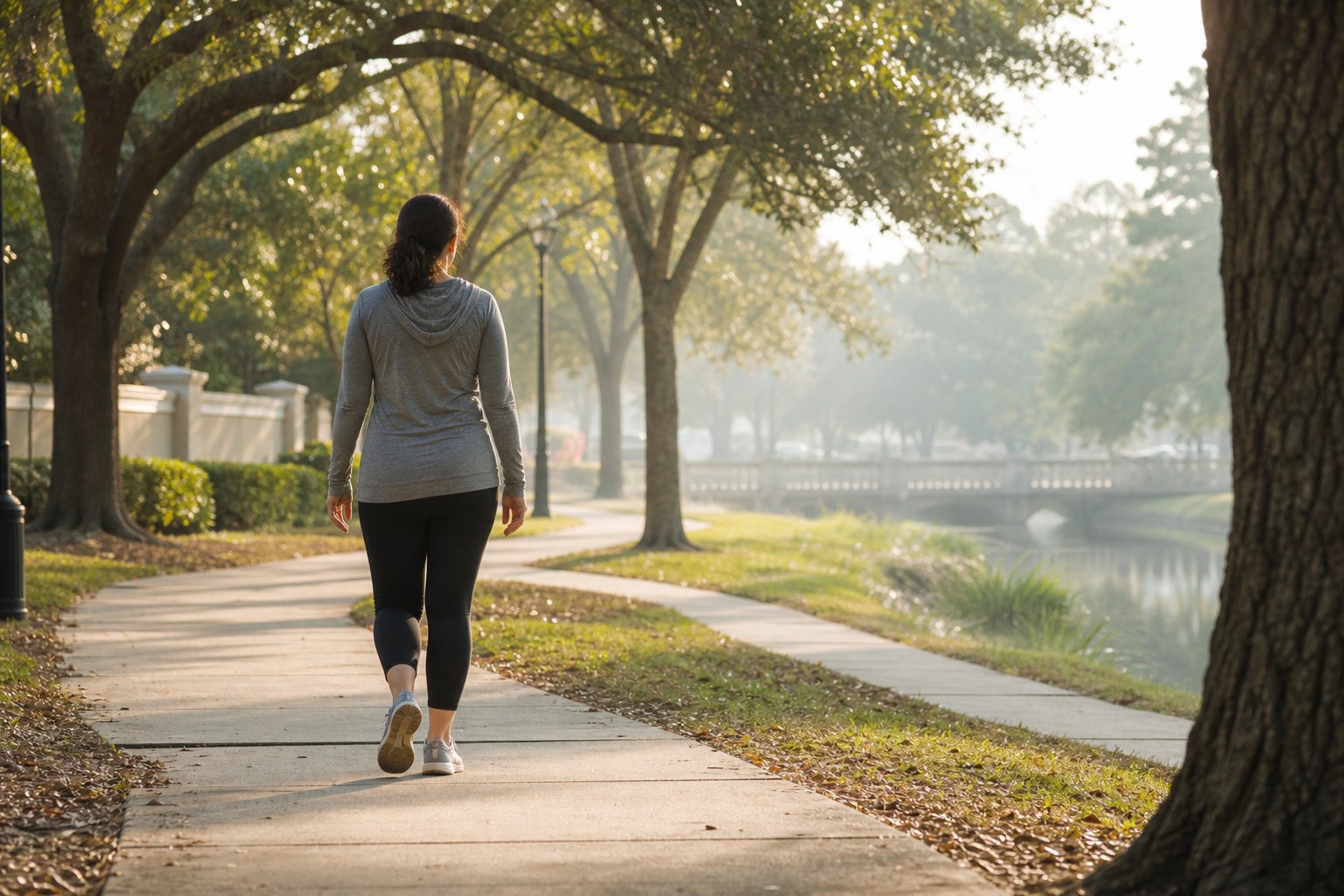 An adult taking a relaxed walk on a neighborhood greenway
