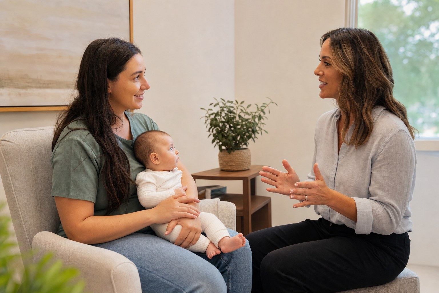 A parent holding an infant during a calm chiropractic consultation