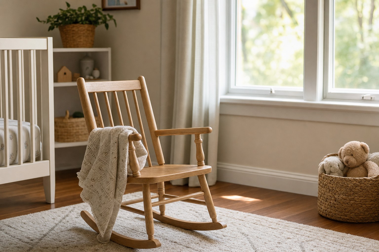 A quiet nursery with a wooden rocking chair and folded baby blanket