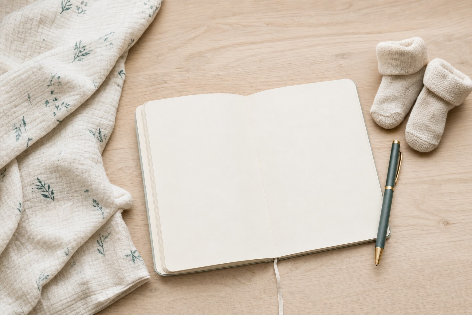 A blank notebook, pen, baby socks, and cotton cloth on a wooden table