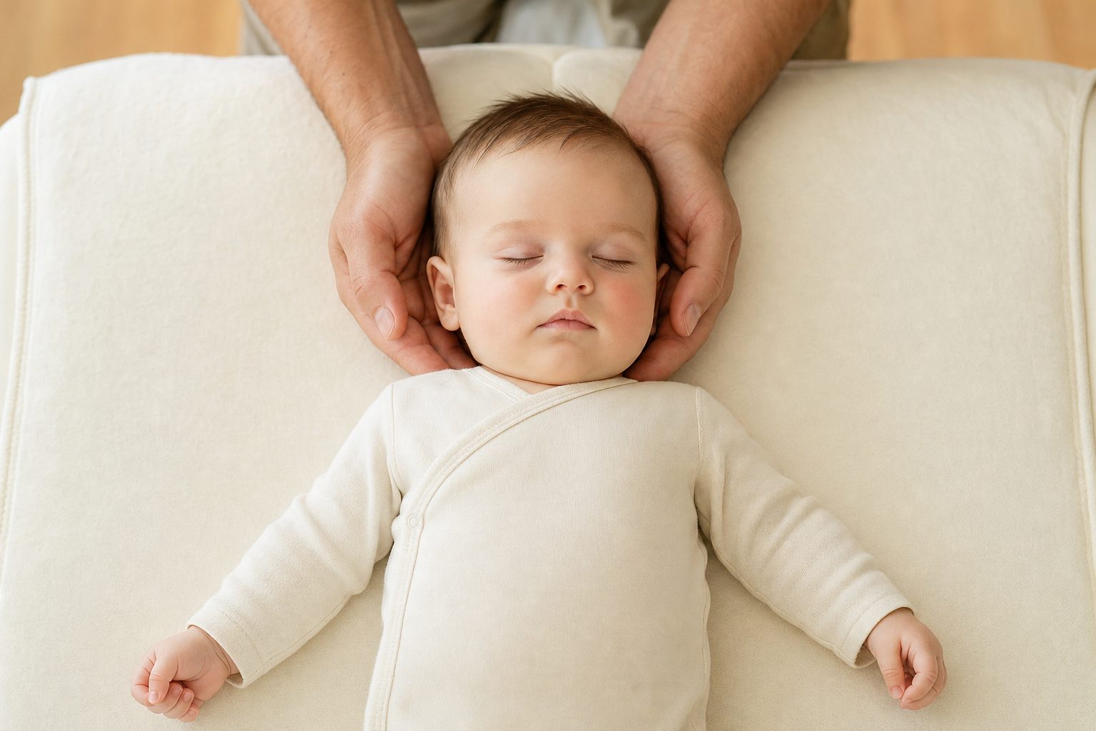Sleeping baby lying on their back with a chiropractor's hands gently cradling the head and upper neck