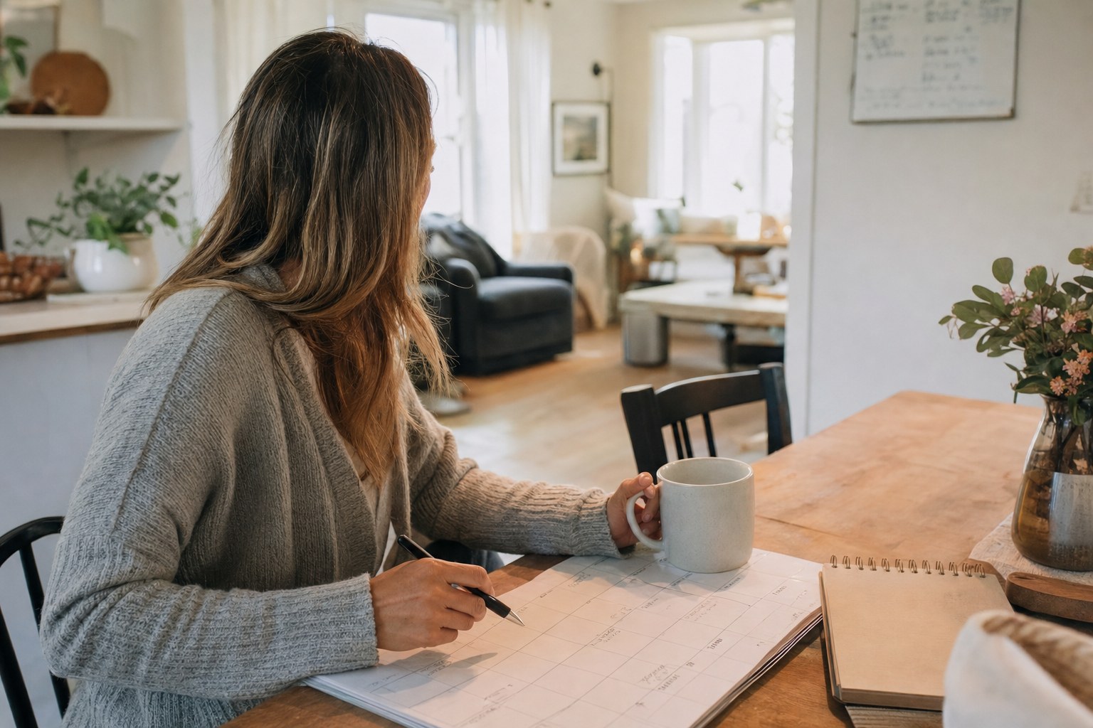 Parent planning the week at a kitchen table