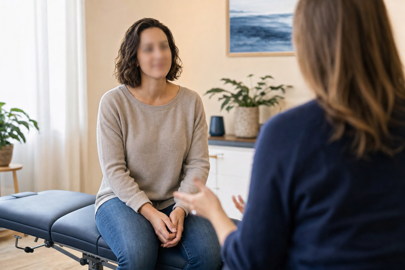 A parent sitting comfortably while speaking with a chiropractor