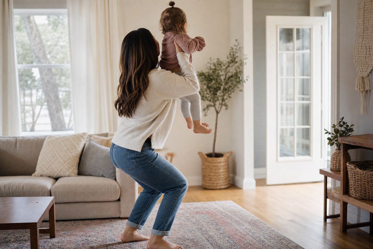A parent lifting a toddler in a sunlit living room
