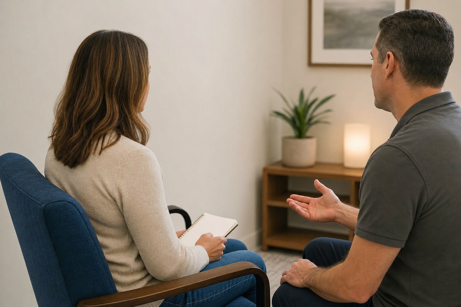 A parent and chiropractor having a calm conversation in a consultation room