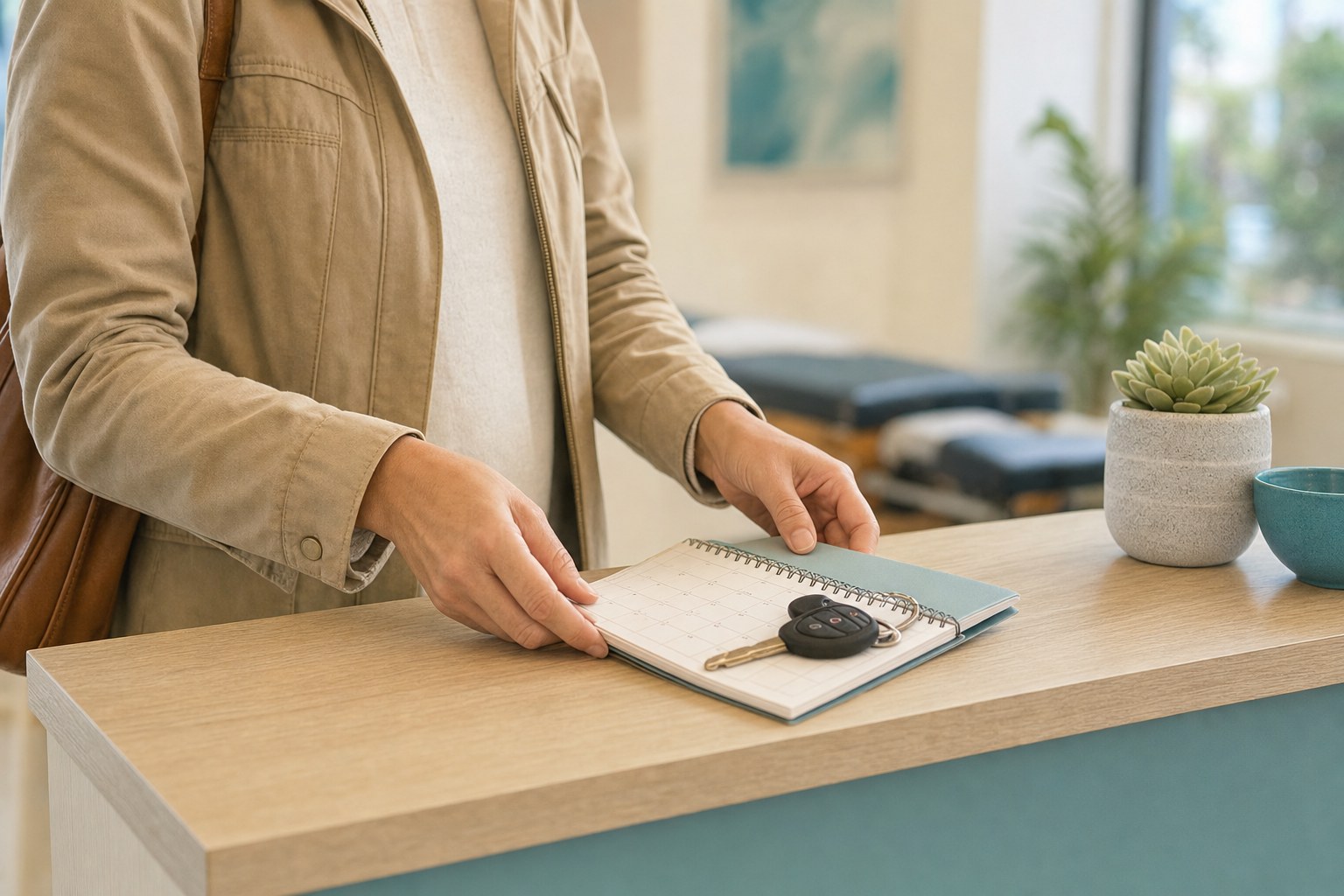 A parent setting down a calendar and keys at a chiropractic office reception counter
