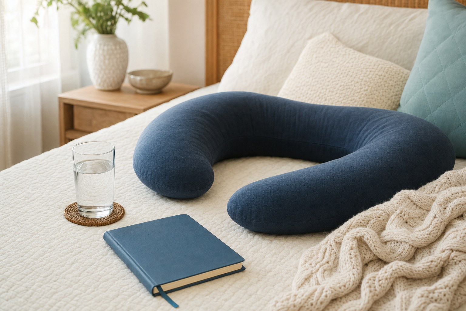 Pregnancy support pillow, blanket, water glass, and notebook in a calm bedroom