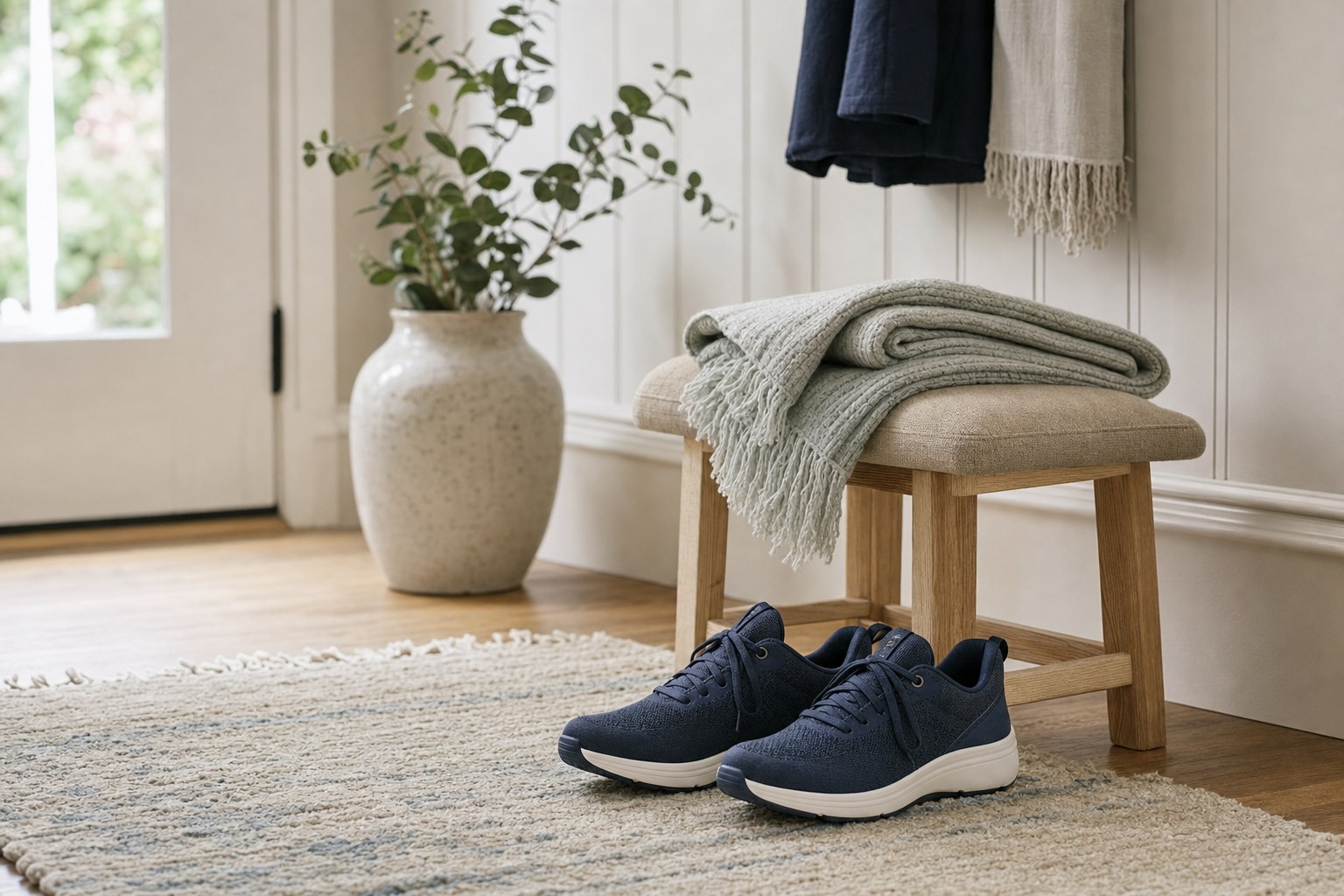 Supportive walking shoes and a footstool in a calm home entryway