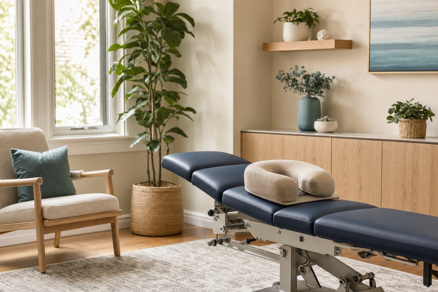 An empty chiropractic treatment room prepared with a prenatal support cushion