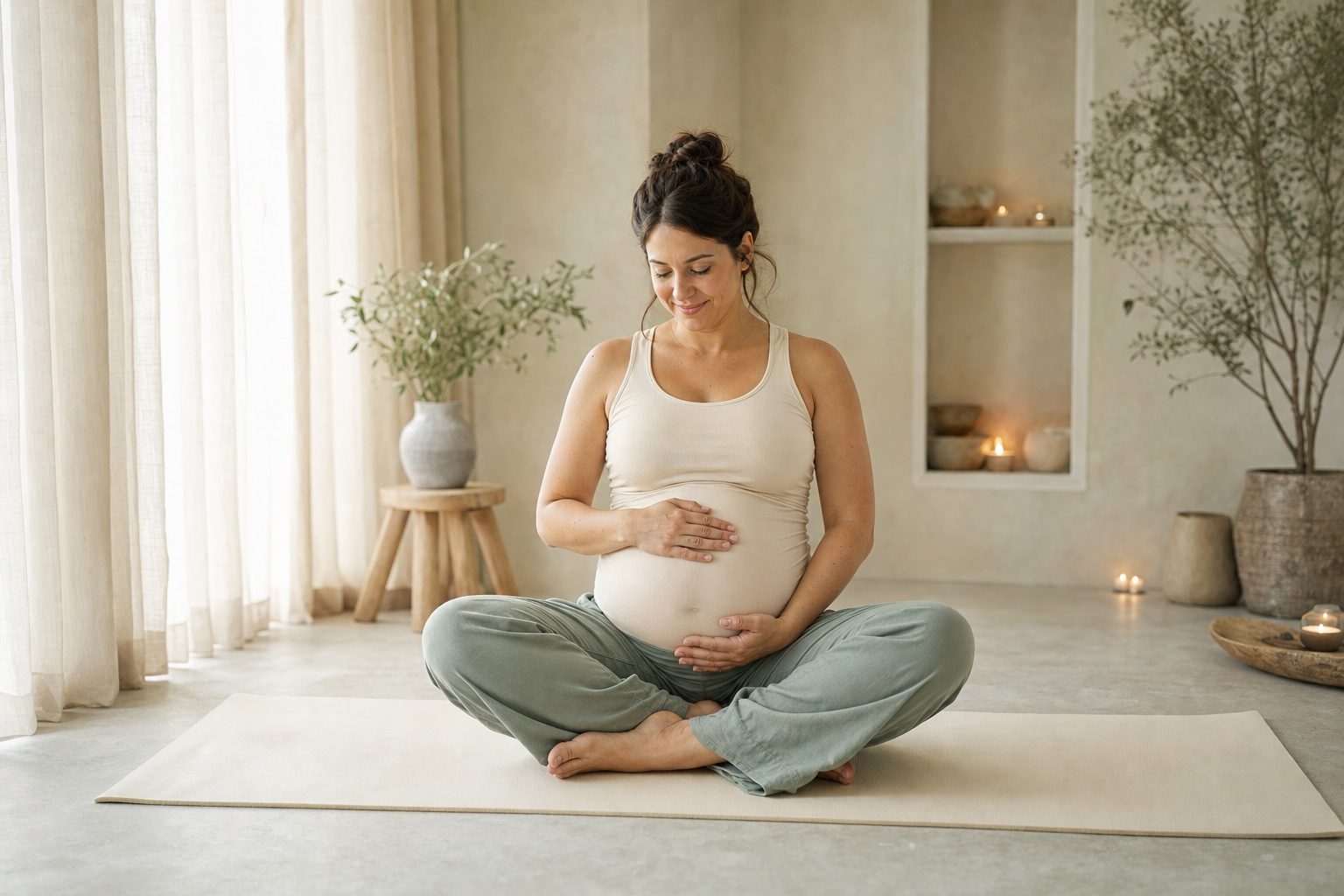 Pregnant woman seated comfortably in a softly lit room, looking calmly down toward her belly